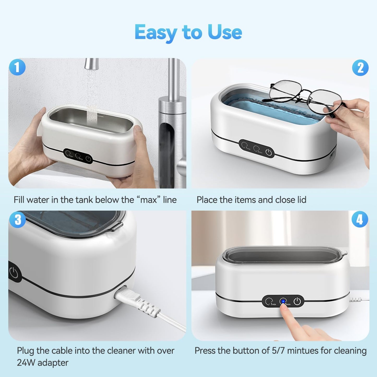 Ultrasonic Jewelry Cleaner, 48Khz Ultrasonic Cleaner Machine for Jewelry, Eyeglasses, Rings, Watch Strap, Dentures-Dual Cleaning Modes, 304 Stainless Steel Tank