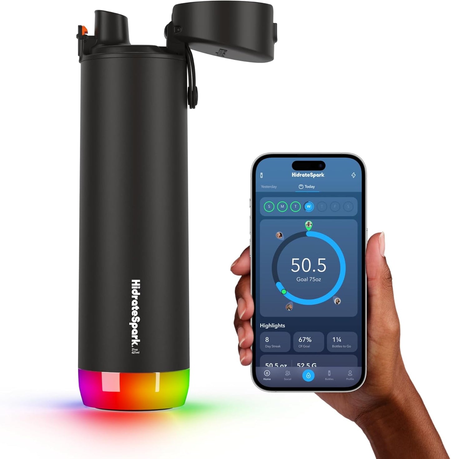 PRO Smart Water Bottle – Tracks Water Intake with Bluetooth, LED Glow Reminder When You Need to Drink – Chug Lid, 21Oz, Black
