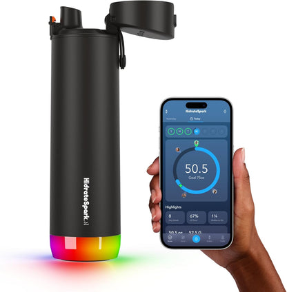 PRO Smart Water Bottle – Tracks Water Intake with Bluetooth, LED Glow Reminder When You Need to Drink – Chug Lid, 21Oz, Black