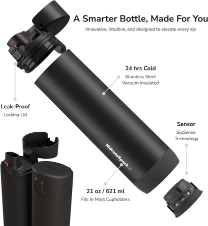 PRO Smart Water Bottle – Tracks Water Intake with Bluetooth, LED Glow Reminder When You Need to Drink – Chug Lid, 21Oz, Black