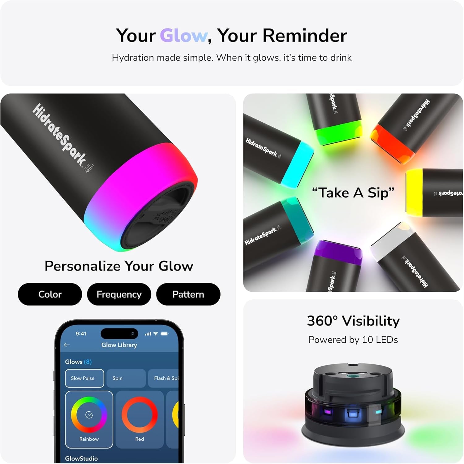 PRO Smart Water Bottle – Tracks Water Intake with Bluetooth, LED Glow Reminder When You Need to Drink – Chug Lid, 21Oz, Black