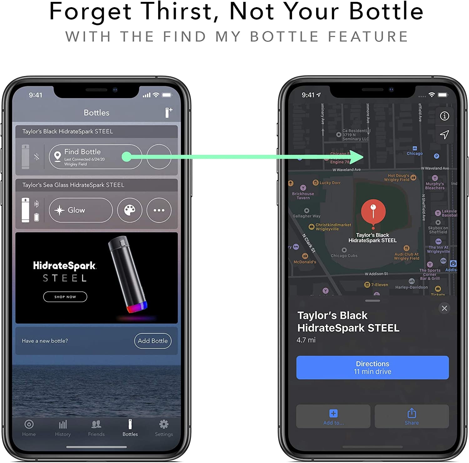 PRO Smart Water Bottle – Tracks Water Intake with Bluetooth, LED Glow Reminder When You Need to Drink – Chug Lid, 21Oz, Black