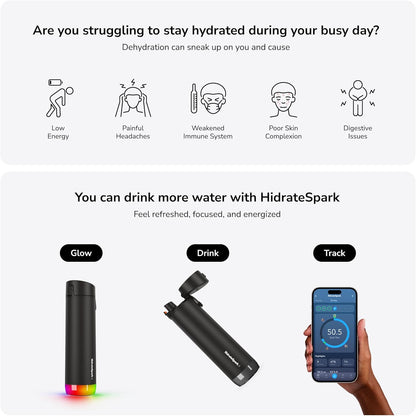 PRO Smart Water Bottle – Tracks Water Intake with Bluetooth, LED Glow Reminder When You Need to Drink – Chug Lid, 21Oz, Black
