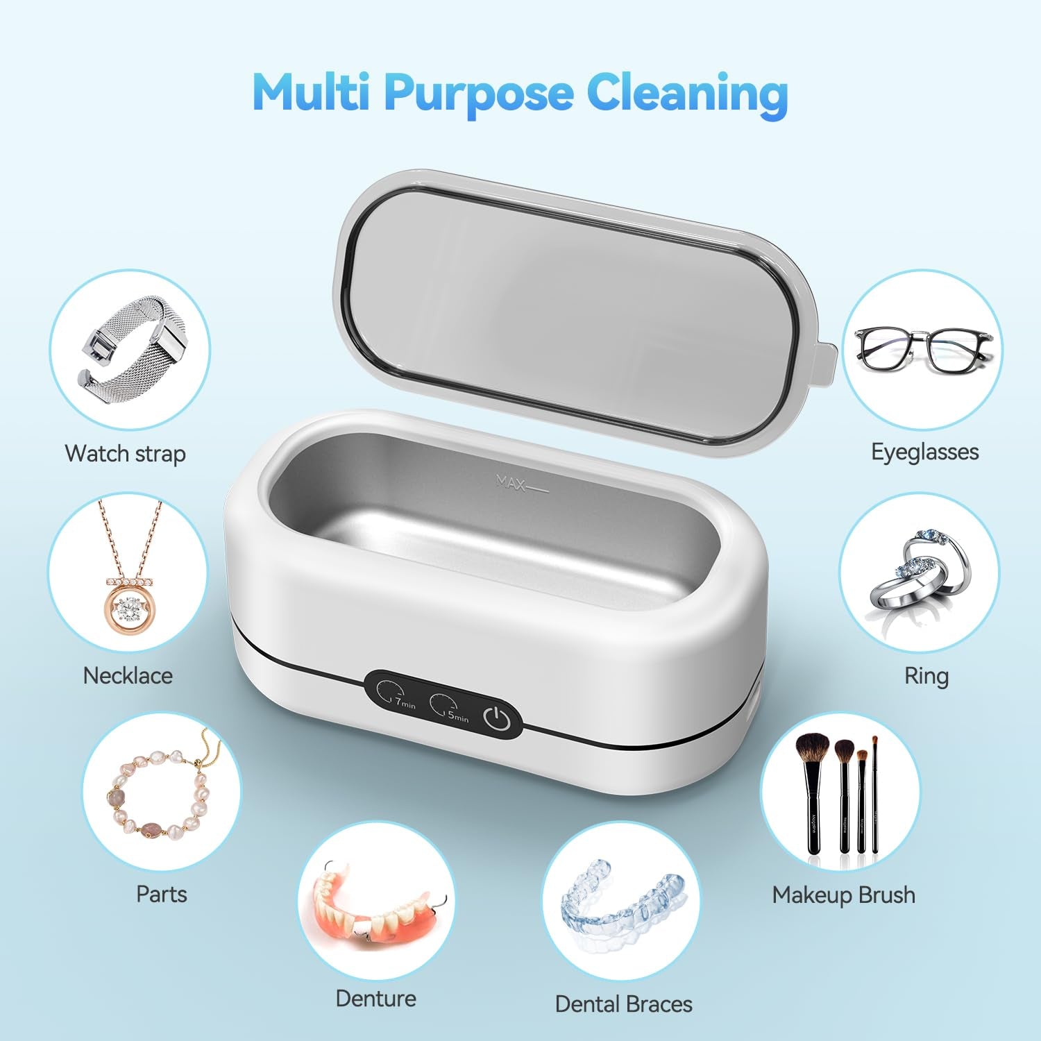 Ultrasonic Jewelry Cleaner, 48Khz Ultrasonic Cleaner Machine for Jewelry, Eyeglasses, Rings, Watch Strap, Dentures-Dual Cleaning Modes, 304 Stainless Steel Tank