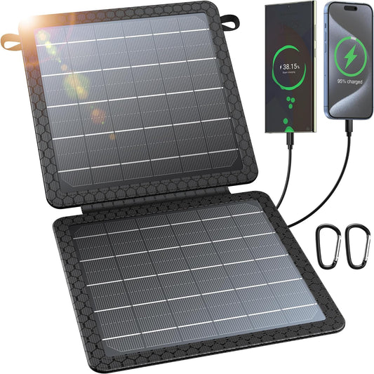 10W Portable Solar Charger(5V/2A Max), Small Foldable Solar Panel with USB-C USB-A Outputs Compatible with Cell Phone Tablet, IPX4 Waterproof for Camping, Hiking, Backpacking
