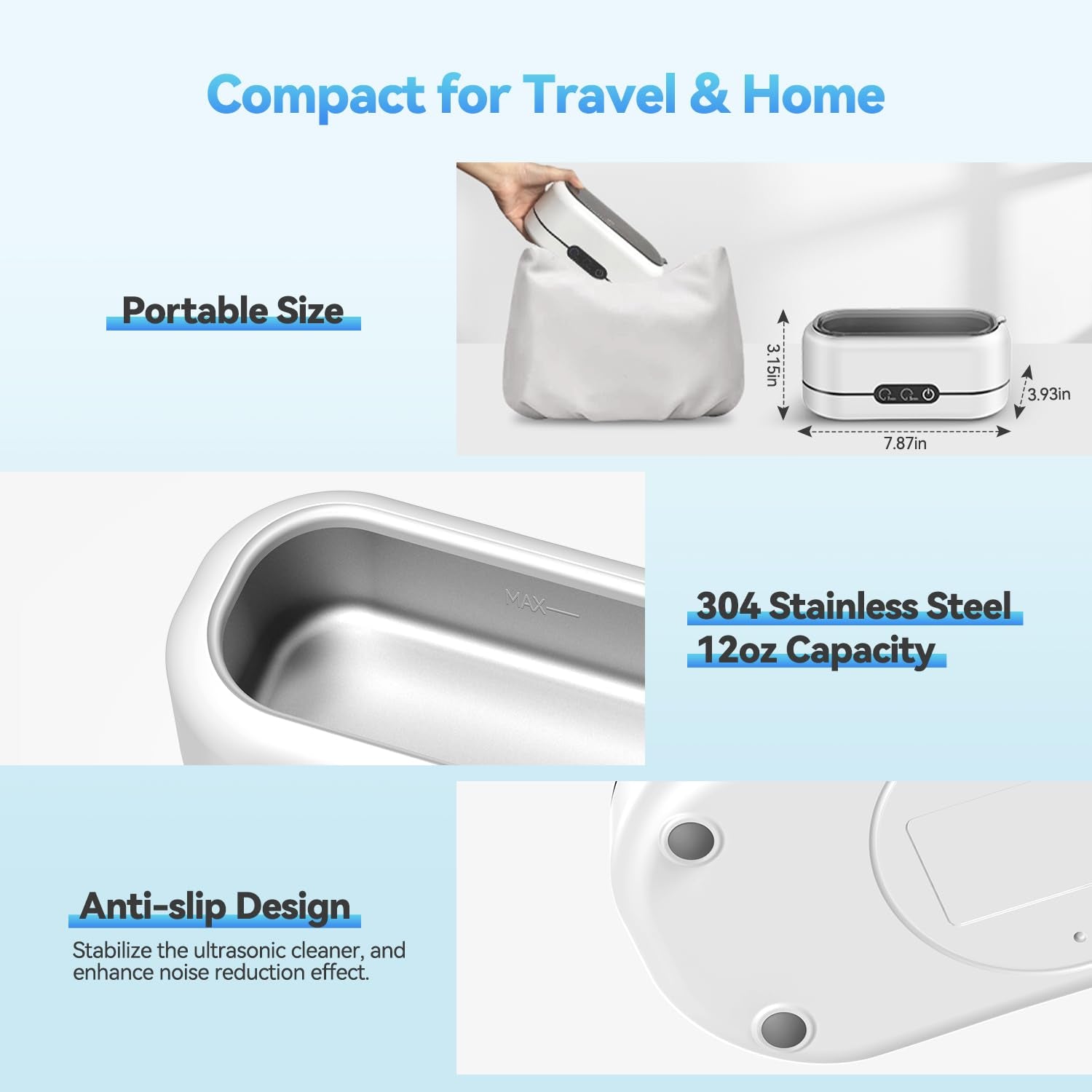 Ultrasonic Jewelry Cleaner, 48Khz Ultrasonic Cleaner Machine for Jewelry, Eyeglasses, Rings, Watch Strap, Dentures-Dual Cleaning Modes, 304 Stainless Steel Tank